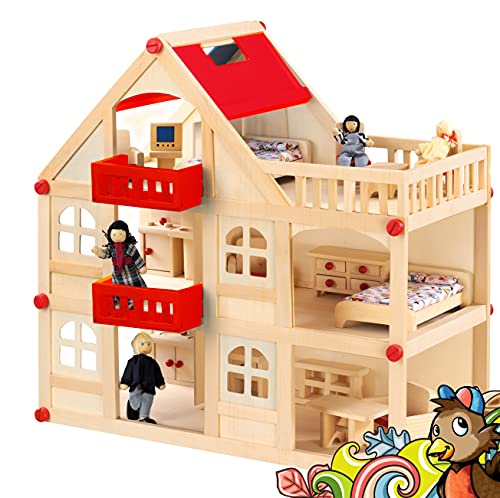 Puppenhaus aus Holz für Puppen, Puppenstube mit 3 Etagen, 4 Puppen und 15...