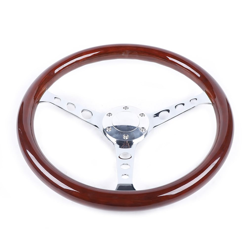 Volante universale in legno da 15 pollici, volante in mogano, volante sportivo, con pulsante del clacson e anello in ferro, per auto d'epoca