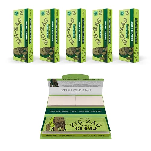 ZIG-ZAG Hemp Rolling Paper Combo - Slow Burning Rolling Papers with Filter Tips -1 1/4 Size - 5 Pack (50 Sheets & Tips Each) 78 mm