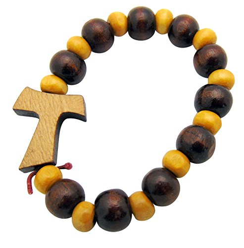 Tau Cross of Saint Francis Wooden Beads Rosary Bracelet Christian Fashion