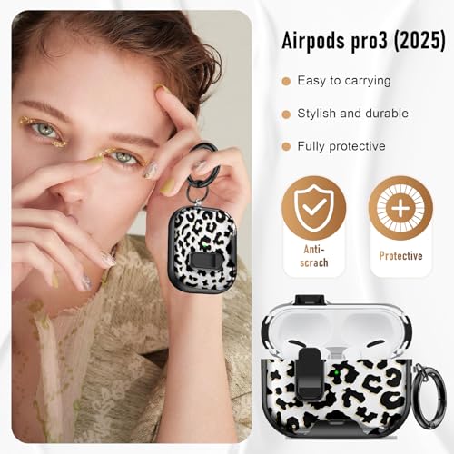 Image of Compatible Airpods Pro 3 Case (2025) with Phone Stand & Cleaner Kit,Cute Soft Silicone Lock Clip Apple AirPods Pro 3rd Generation Case, Airpod Pro 3 Cover with Keychain for Women /Girls,Leopard Print