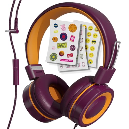 Kids Headphones with Cord, Foldable Over Ear Headphones for Kids with Microphone, Tangle-Free Wired 85dB Safe Volume Toddler Headphones for iPad, School, and Airplane – Maroon