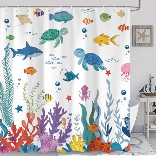 Image of iTapnoom Kids Ocean Theme Shower Curtain, Cute Sea Turtle Fish Coral Boys Girls Bathroom Curtain Decor Waterproof Fabric with 12 Hooks 72x72 Inch