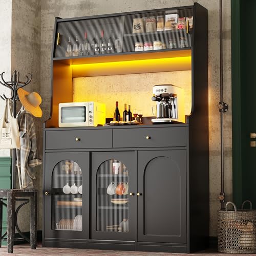 Lumivortex Armario buffet de cocina con puertas correderas de cristal, armario alto para cocina, 120 x 40 x 180 cm, armario alto con iluminación LED, armario buffet con protección antivuelco (negro)