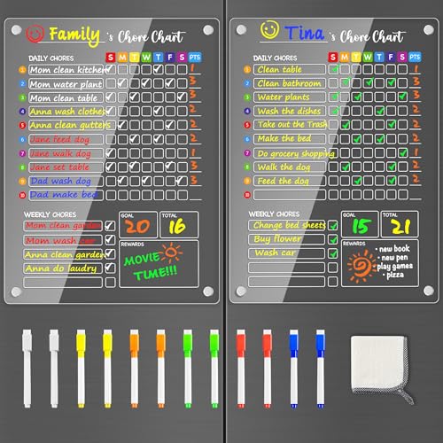Image of PigPotParty Acrylic Magnetic Chore Chart for Kids, Large 12x16 Inch, 2 Pack