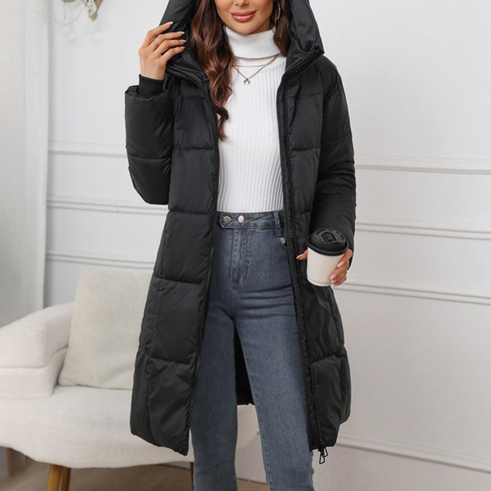 Piumino lungo da donna con cappuccio, parka invernale spesso e caldo, giacca imbottita con doppia cerniera, abbigliamento casual, per uso quotidiano nero bianco kaki marrone