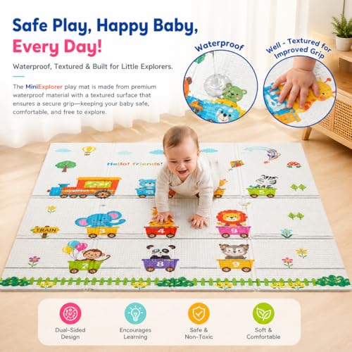Image of MiniExplorer Double-Sided Waterproof Baby Floor Mat | Extra Large 6.5 x 4.5 ft | 8mm Thick Foam Play Mat | BPA Free, Foldable, Reversible Crawling & Tummy Time Mat for Babies & Kids - Alphabet & Train