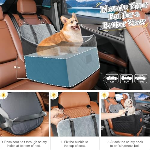 INDYBUD Hunde Autositz für Kleine/Mittlere Hunde, Memory-Schaum Erhöhter Hundesitz Auto, Abnehmbar & Waschbarer Hundebett Auto mit Aufbewahrungstaschen und Sicherheitsleinen (Schwarz Grau, Mittel)