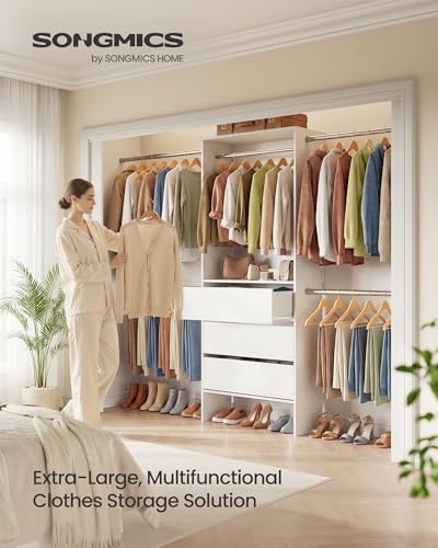 Image of SONGMICS closet system, customizable walk-in closet organizer system with adjustable hanging rods and drawers, white, fits spaces 6.5-10.2 ft URGR043WZ01S