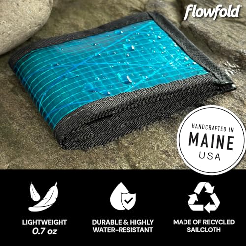 Image of Flowfold Vanguard Recycled Sailcloth Bifold Wallet | Slim and Durable with Cash pocket, Two Hidden Card Pockets and Two ID Windows | Holds 10-12 Cards | Minimalist Wallet Made in USA | Cyan Sailcloth