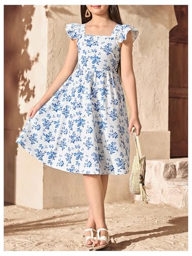 Girl's Floral Print Bowknot Backless A Line Dresses Ruffle Cap Sleeve Cute Knee Length Dress4