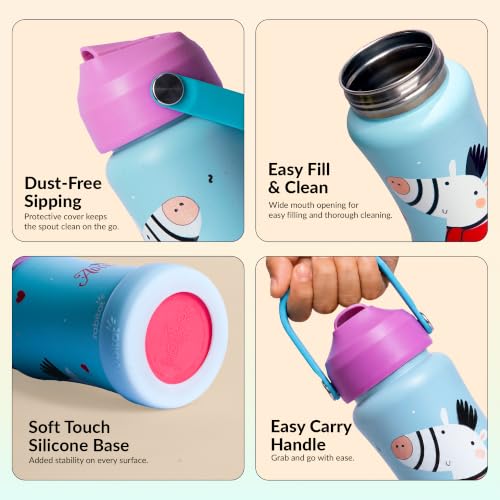 Image of rabitat Steel Play Personalized Kids Stainless Steel Water Bottle 450ml | 2 Year Warranty | Leakproof Sipper, Soft Silicone Spout, Flip-Lock Cap & Handle, BPA-Free 18 /8 SS, Anti-Skid Base, Adorable