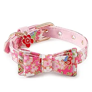 Royale Cat Japanese-Style Bow Cat Collar PU Collar Bell Bow Pet Cat Tie Adjustable Neck 17-24cm Width- 1cm Pink