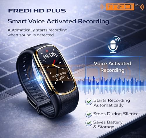 Image of FREDI HD PLUS Voice Recorder Device 16GB Wrist Band Voice Recorder Digital Bracelet Audio Recorder with LCD Display Voice Activated Recording 15-20 Hours Battery One Click Recording MP3 Playback