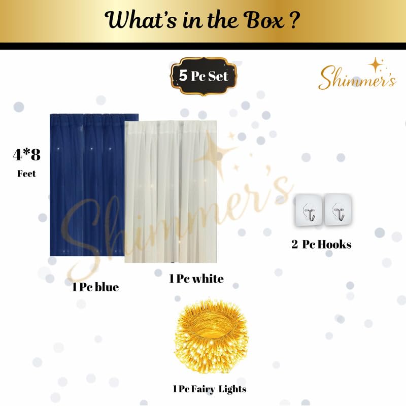 Image of Shimmers 5 Pc Decoration Kit with Blue & White Net Curtains (4x8 FT), Fairy String, 2 Hooks for Birthday, Anniversary, Party Backdrop, Photo Booth & Home Decoration Setup