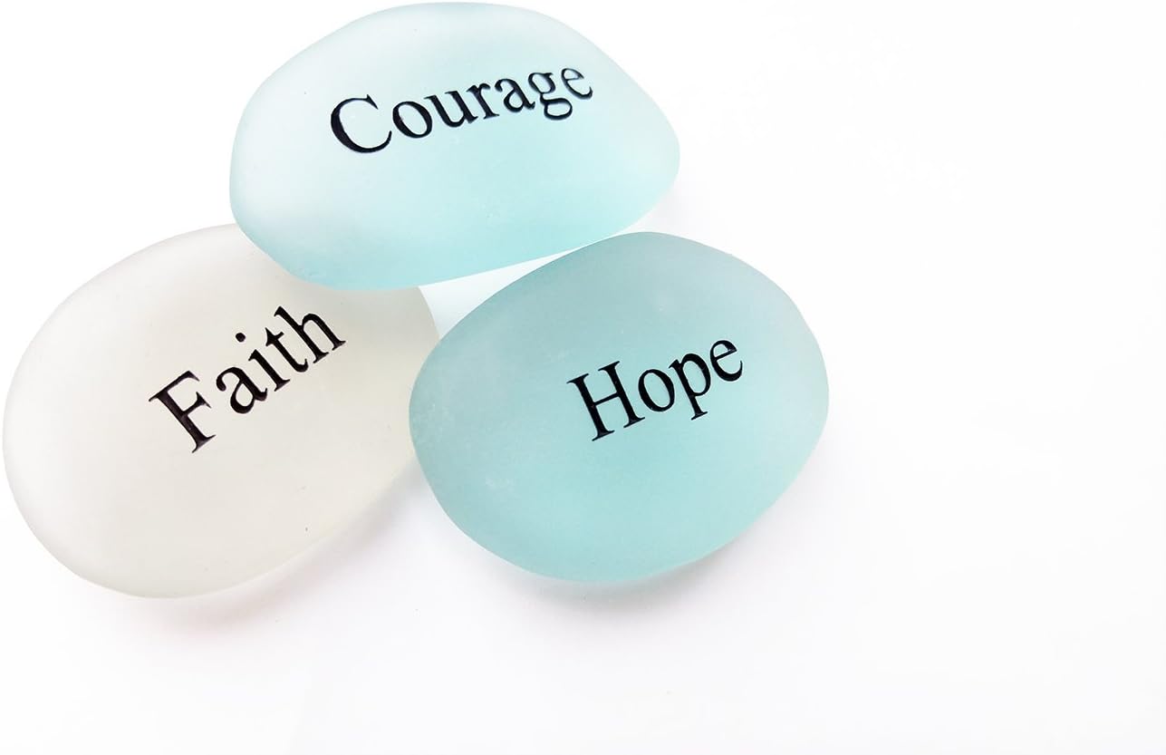 Courage, Faith, Hope Sea Glass Engraved Stones Motivational Inspirational Words, Perfect Gorgeous Unique Gift Ideas for Any Occasion Sets, Home Garden Decor (Courage, Faith, Hope)