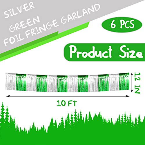 Image of 6 Pack 10 Feet Silver Green Foil Fringe Garland Metallic Tinsel Streamers Banner Wall Hanging Backdrop Banner for Parade Floats, Thanksgiving, Christmas, Birthday, Halloween Party Decorations