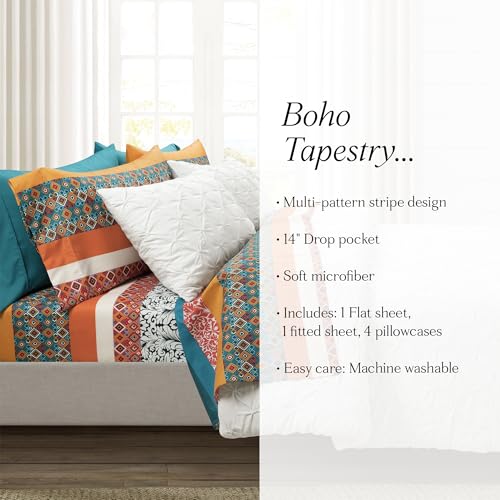 Image of Lush Decor Boho Stripe Soft Sheet 6 Piece Set, Queen, Turquoise & Tangerine