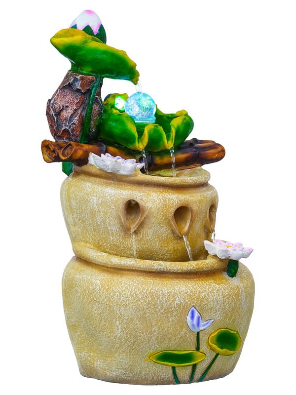 Image of Polyresin Designer Tabletop 4 Steps Indoor Water Fountain for Home Decor with LED Light, Speed Controller Pump & Crystal Ball (Size: 30 x 23 x 57CM |Color: Multi | Weight: 4055 Gram)
