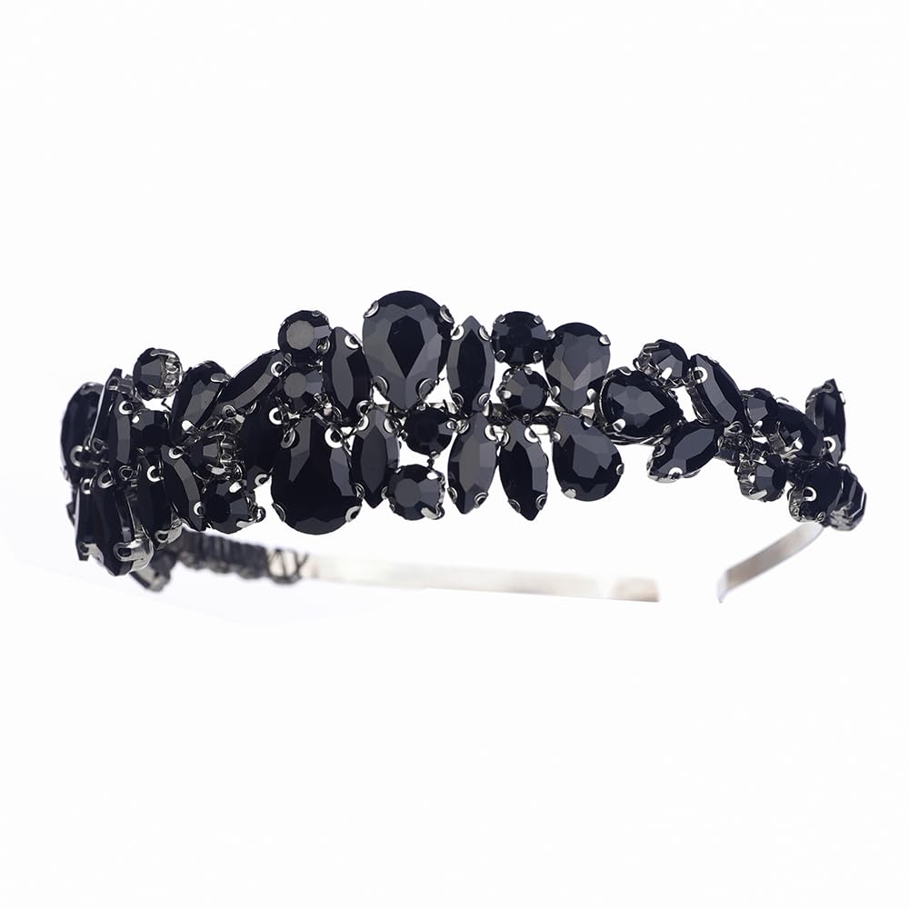 Kercisbeauty Black Rhinestones Beads Crown Women Girls Halloween Tiara Wedding Bridal Hair Piece Handmade Jewelry for Banquet Prom