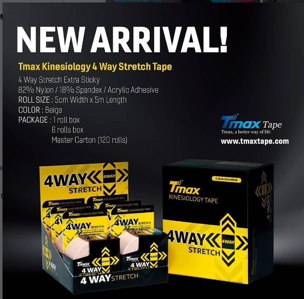 Image of Tmax Cotton Waterproof Kinesiology Tape | Dynamic Kinesiology Tape | Athletic Sports Tape for Injury, Muscle Support, Pain Relief, Joint Support and Physiotherapy (5 m * 5 cm) (Beige 4 way)