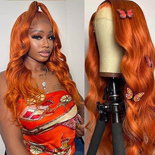 Image of Srakuw 13X4 Orange Ginger Lace Front Wigs Human Hair Pre Plucked Body Wave Invisible Brazilian Colored Wigs for Black Women HD Lace Frontal Wigs 180% Density (22 Inches)