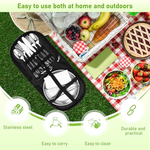 Camping Geschirr Set 2 Personen 14-teilig, Picknick Set, Edelstahl Outdoor Geschirr für Outdoor, Camping, Picknick, Grillen und Wandern