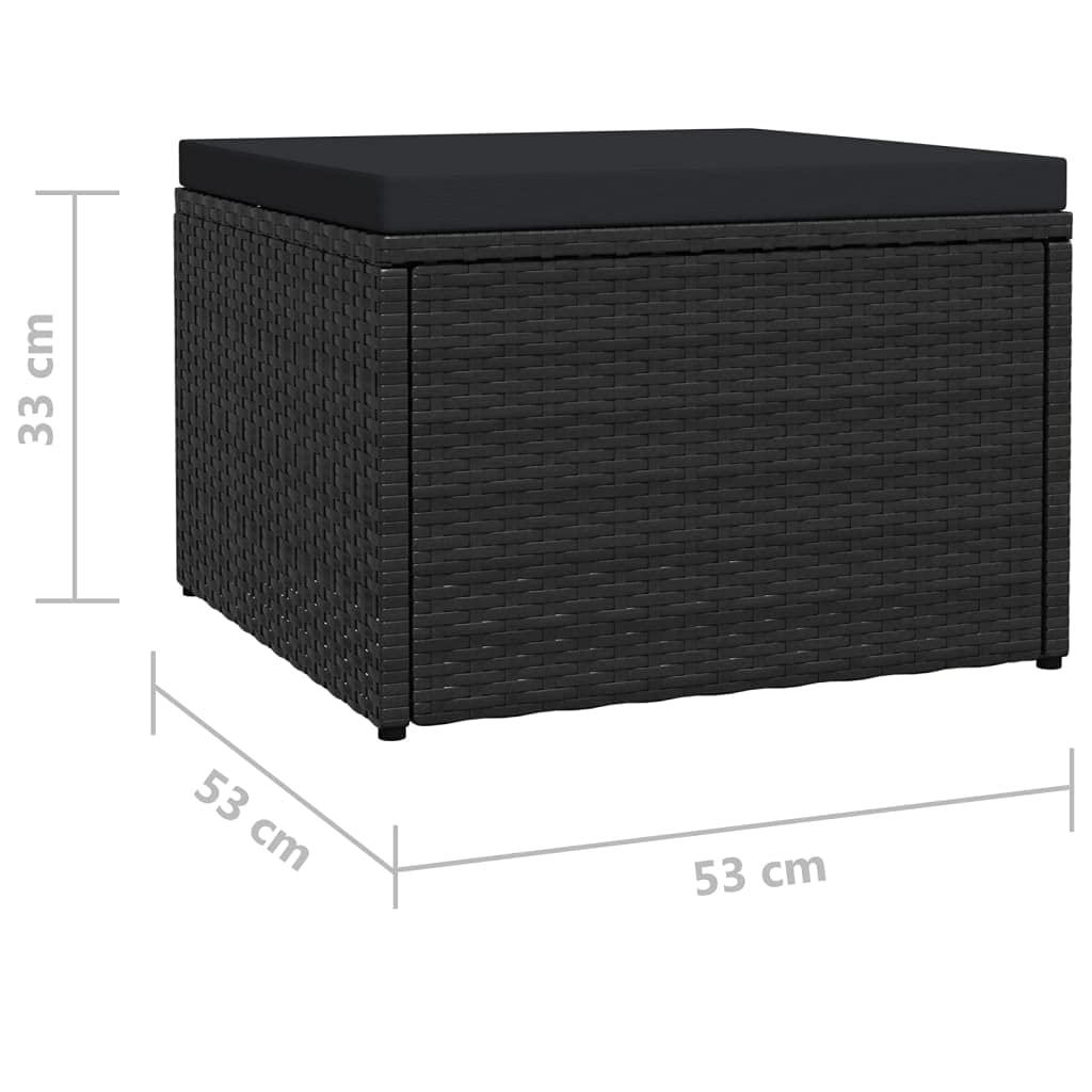 Podnóżek outdoorowy z poduszką, czarny polirattan, malowana proszkowo rama stalowa, 53 x 53 x 33 cm, wyściełany, regulowane nóżki, wszechstronny jako podnóżek na balkon, do ogrodu, na taras