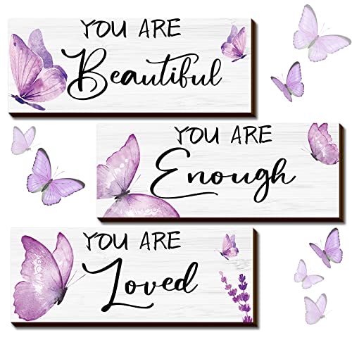 Image of Geelin 3 Pcs Butterfly Wooden Hanging Wall Art Positive Quotes Butterfly Wall Art Prints for Inspirational Word Sign Decors Gift for Room(9.84 x 3.94 Inch,Loved Beautiful Enough)