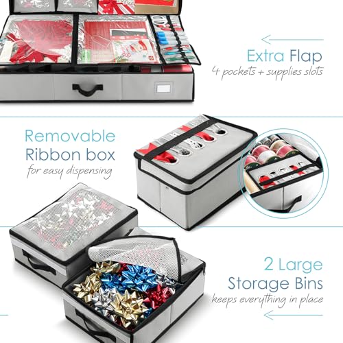 Image of Hearth & Harbor Wrapping Paper Storage Container with Ribbon Dispenser and Interior Pockets - Large Christmas Storage Containers with Wheels, Fits 30 Rolls of 40 inch Length, Silver