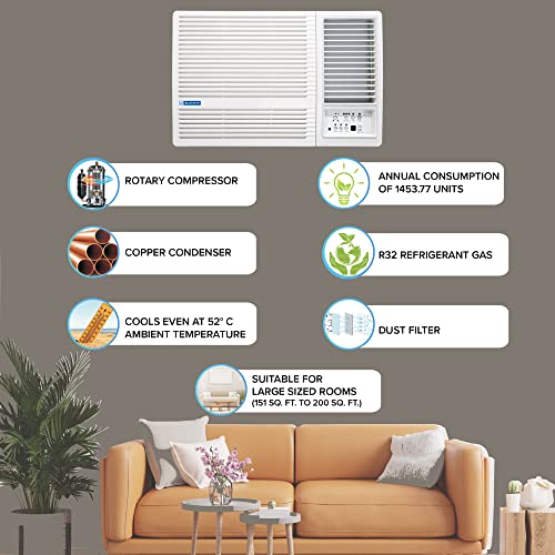 Image of Blue Star 2 Ton 3 Star Fixed Speed Window AC (Copper, Turbo Cool, Humidity Control, Fan Modes-Auto /High /Medium /Low, Hydrophilic Blue Fins, Dust Filters, Self-Diagnosis, WFA324LN, White)
