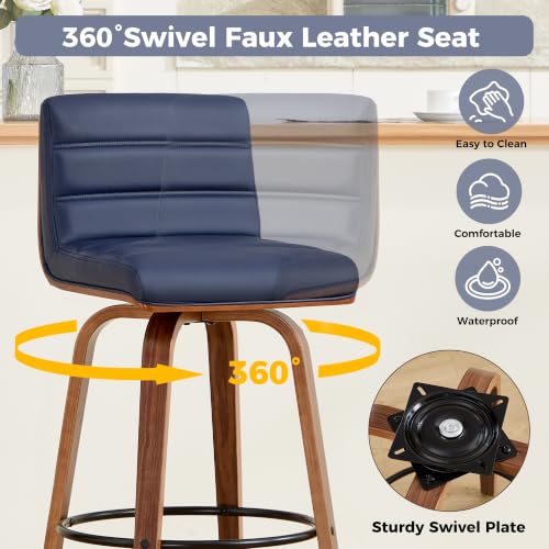 Image of Swivel Bar Stools Set of 6,26 inch Faux Leather Counter Height Barstools with Back,Mid Century Modern Upholstered Bar Chairs with Bentwood Legs Island Stools for Kitchen Counter Darkblue