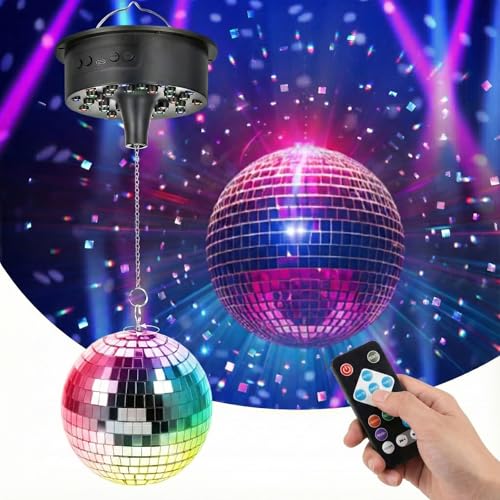 Tomshine Bola de Discoteca con Motor y Luz 18cm - Bola de Espejos Giratoria con 30 LEDs RGB, Mando a Distancia y Control de Música, Funciona con Pilas/USB para Fiestas Niños DJ Boda