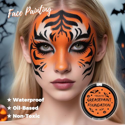 YBUETE Orange Cream Face Body Painting Foundation, Professional Full-coverage Oil Based Orange Face Paint Halloween SFX Cosplay for Pumpkin Clown Tiger Monster Adult Costume Party & Carnival