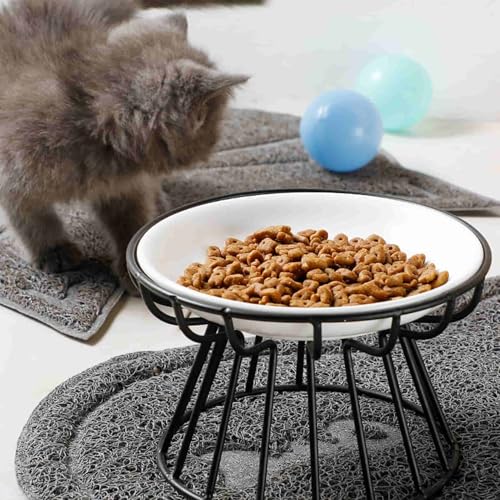 Image of Raised Cat Food Bowl, Ceramic Cat Dish with Metal Stand | Pet Water or Food Feeding Bowls for Indoor Cats, Kitten, Puppies and Small Dogs, Dishwasher Safe