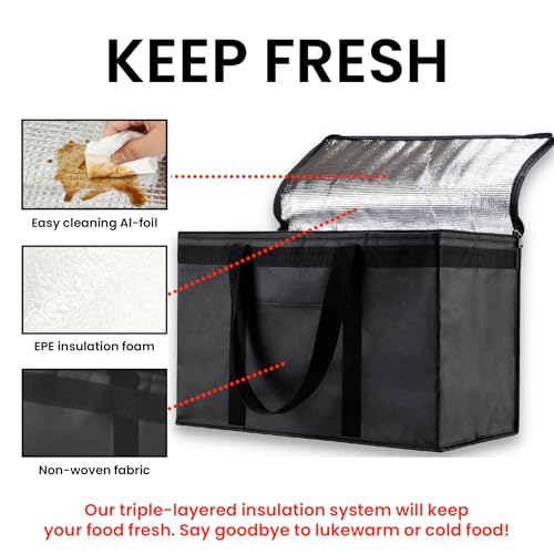 Image of NZ home Insulated Bags for Food Delivery (2XL) Grocery Shopping Cooler Bag, Pizza Delivery, Hot & Cold Catering Tote, Reusable, Foldable & Heavy Duty (Black)