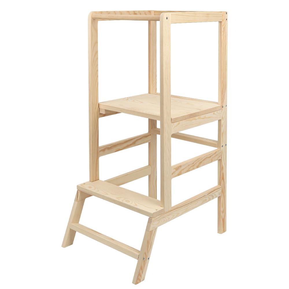 Montessori Lernturm aus Holz, platzsparend: Klappturm, Hocker für Kinder, faltbare Leiter für Kinder, mit Kippschutz, 90 x 52 x 39 cm, Originalfarbe
