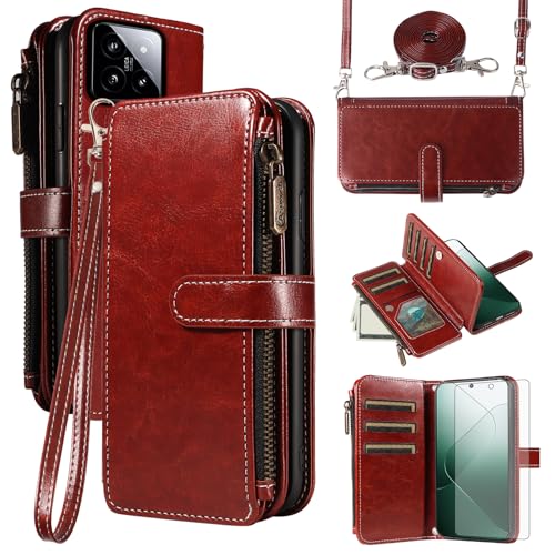 Coque Xiaomi 14 5G Asuwish avec portefeuille en cuir marron et verre trempé