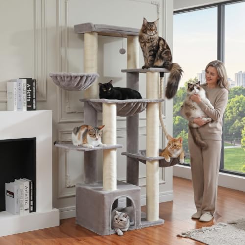Image of MUTTROS Large Cat Tree for Maine Coon - 67 inch Tall Cat Tower with 7 Thick (φ4.3) Scratching Posts, XXL Cat Condo with Super Large Perch & Cozy Hammocks, Engineered for Big Cats (20+ lbs) - Gray