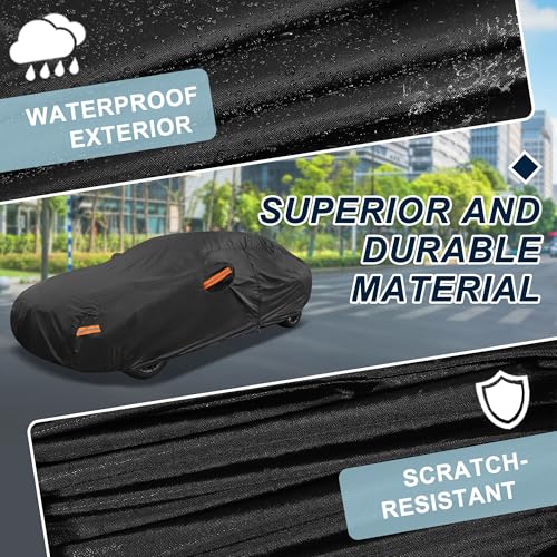 Image of Black Heavy Duty Waterproof Car Cover for Sedan 201 inch-207 inch - All-Weather UV Protected Outdoor Full Exterior Cover with Sun /Snow /Rain Resistance