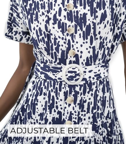 Image of SIXDO 2025 Womens Midi Dress A Line Front Button Adjustable Belt Round Neck Roll Short Sleeve Work Office