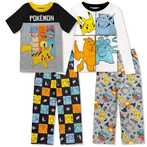 Pokemon 4 Piece Pajama Set - Boys PJ Set with Long Sleeve Shirt & Pants - Sleepwear Set - Official License Multi