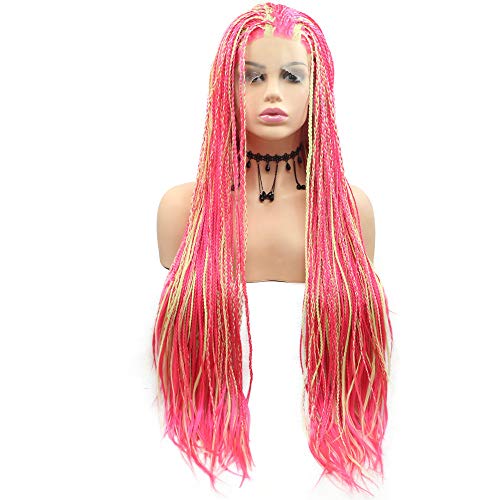 Drag Queen Afro America Box Braided Wigs With Natural Hairline Rose Purple Comfortable Friendly Synthetic Lace Front Wigs for Women Festival Cosplay Birthday Party Long Braids Hair Pink Red Wig