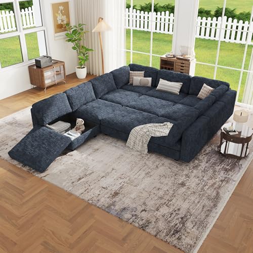 Image of Oversized Modular Sectional Chenille Sofa Bed with Hidden Storage, Comfy Modern 10 Seater Deep Seat Couch, Modular Sectional with Ottoman and Removable Cover for Living Room, Apartment, Black