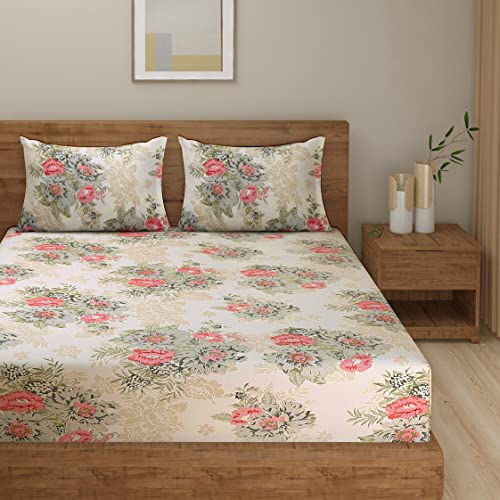 Image of Swayam Mercerized Pure Cotton King Fitted Bedsheet with 2 Pillow Covers | 250 TC Soft Breathable Bed Sheet | Floral Printed | Size 72 x 78 x 10 inch | Comfortable & Durable for Bedroom - Beige