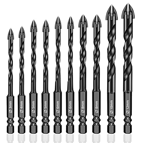 Kitnelw 10 Piezas Juego de Brocas con Punta de Carburo Cementado, Juego de Brocas Vástago Hexagonal, Taladro Conjunto De Vidrio De Bit, para Mampostería, Cerámica, Pared, Cemento, Ladrillo, Madera