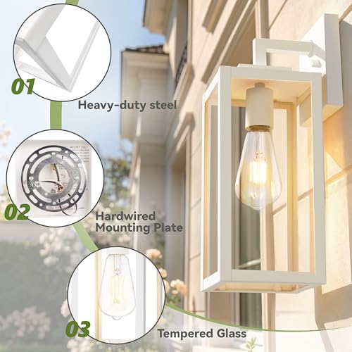 Image of Outdoor Wall Sconce 2 Pack, White Large Exterior Waterproof Wall Light Fixtures, Anti-Rust Porch Lights Outdoor with E26 Socket & Tempered Glass, Modern Outside Lights for House Front Door Patio, 15''