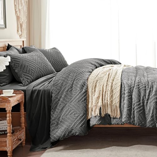 Image of Zzlpp Full Comforter Set 7 Pieces, Dark Grey Tufted Bed in a Bag with Comforter and Sheets, All Season Boho Bedding Sets with Comforter, 2 Pillow Shams, 2 Pillowcases, 1 Flat Sheet, 1 Fitted Sheet