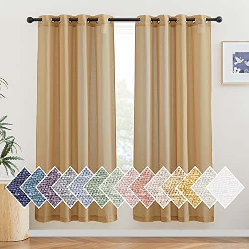 NICETOWN Linen Blend Flax Sheer Window Curtains & Drapes, Grommet Semi Sheer Curtains Privacy with Light Through for Bedroom/Living Room, Desert Yellow, W52 x L72, 2 Pieces