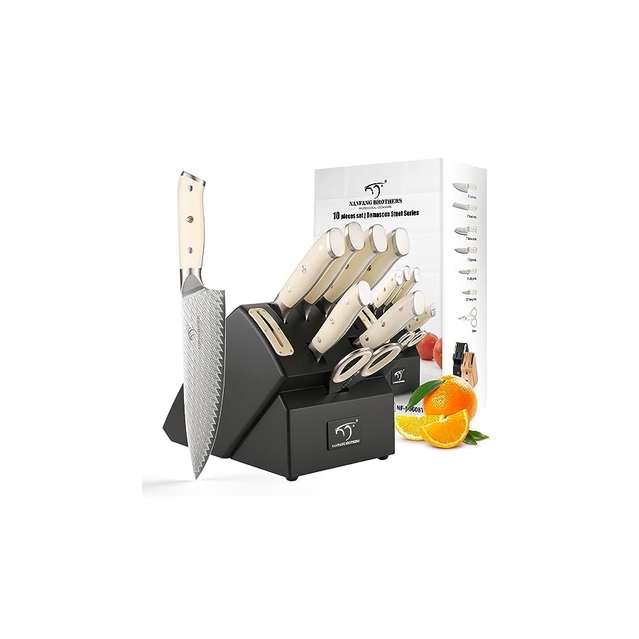 NANFANG BROTHERS Knife Sets 10 Pieces for Kitchen with Block, Damascus Kitchen Knife Set with Block, ABS Ergonomic Handle for Chef Knife Set and Kitchen Shear
